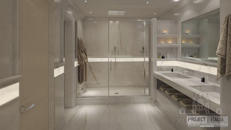 Натуральный камень, для полов и стен, мрамор White Quartz, индивидуальный проект. кварц с подсветкой, Bagno, Project - Italia