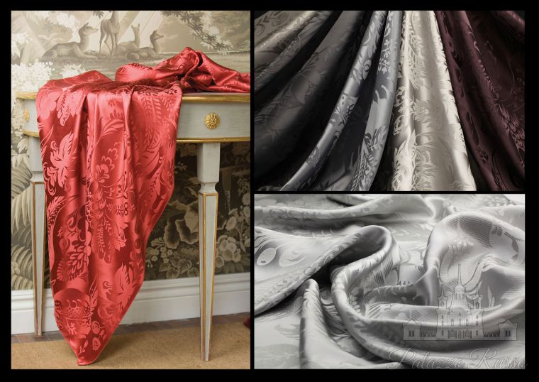 Ткани, шелк, коллекция шелковых дамасков. цвета: Scarlet Lady, Wood Ash, Mercury, Gun, PINEAPPLE, De Gournay