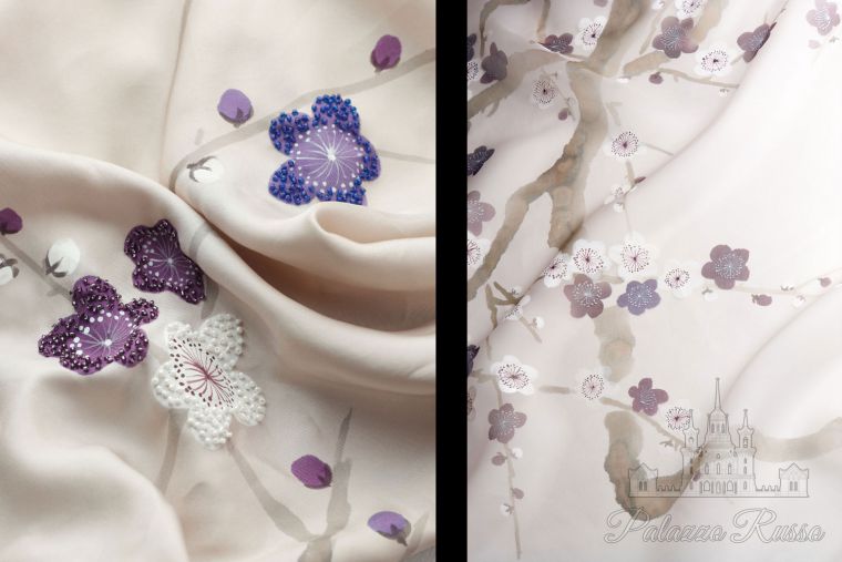Ткани, шелковый твил, дизайн ‘ Plum Blossom ’ в цветовой палитре Lavender, цвет Cotswold Stone с,/ 2288, De Gournay