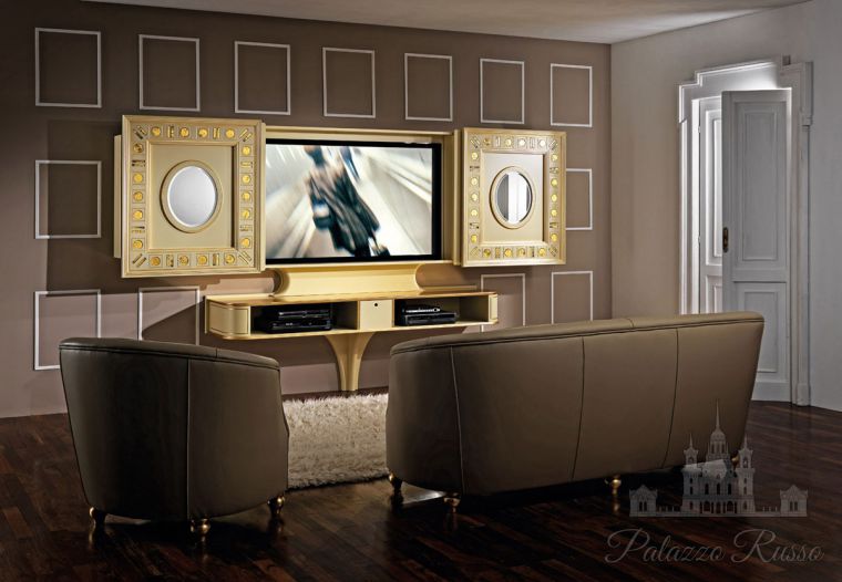 Гостиные, раздвижная тв - панель, дерево, отделка сусальное золото, Sliding Home Cinema — - стойка, состоящая из двух управляемых компьютером, 1, Vismara Design
