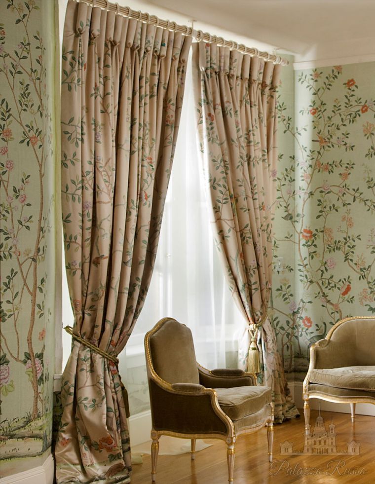Ткани, шелковый атлас, бархат, шторы из шелкового атласа цвета Raw Silk с дизайном ' Chatsworth ' в,, De Gournay