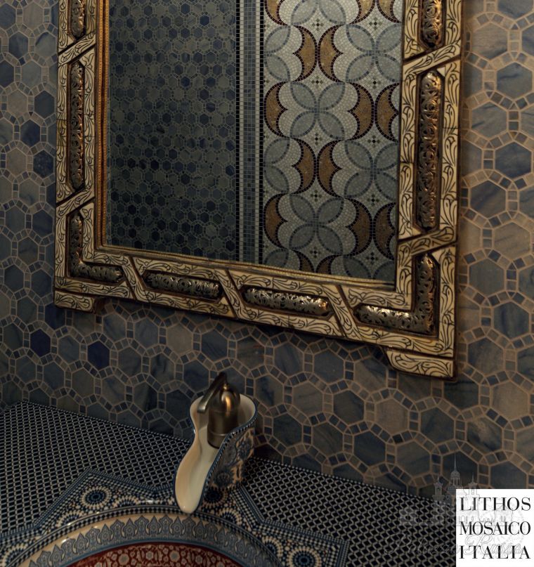 Мраморная мозаика Azul Macaubas, для полов и стен, голубой мрамор, Esagono, Lithos Mosaico Italia