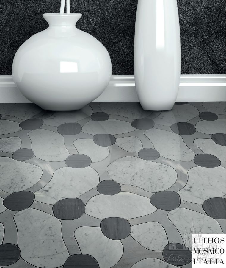 Натуральный камень, для полов и стен, мрамор Bianco Carrara, Palissandro Bluette, Bardiglio, Lithos резка Waterjet, Atollo AQL 500, Mosaico