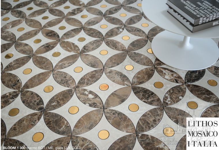 Натуральный камень, для полов и стен, мрамор Botticino, Marron Emperador, стекло Lux Gold с золотой фольгой 24 Kt, Lithos резка Waterjet, Bloom 1 300, Mosaico