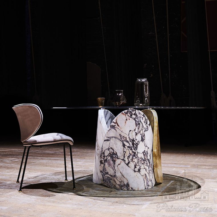 Натуральный камень Giallo Siena, Calacatta Viola, Arabescato Vagli, стекло, стол, Petalo, Lithos Design