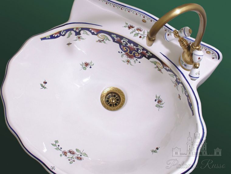 Элитная раковина, рукомойник Coquille с 1 - м отверстием под смеситель, переливом, декор - Vieux Rouen ( 04 ), 01. 03. 04, Herbeau