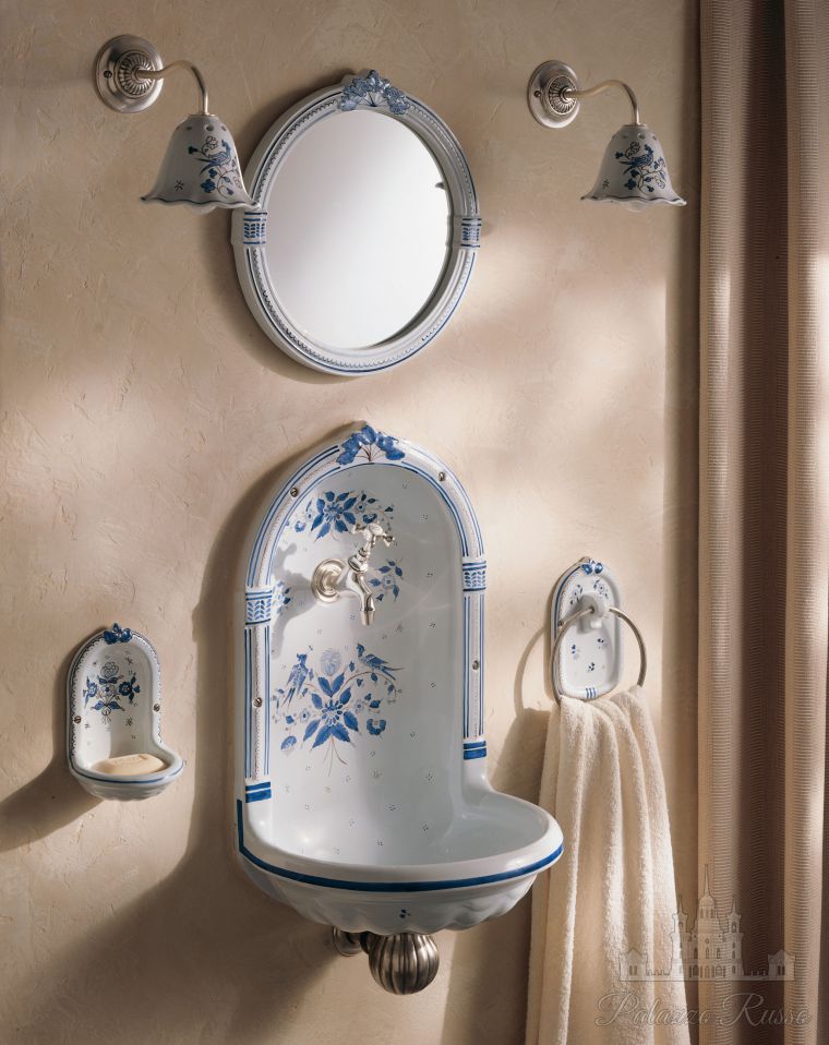 Элитная раковина, фонтан Romane. чаша и пилястр, декор - Moustier Bleu ( 02 ), 02. 03. 02, Herbeau